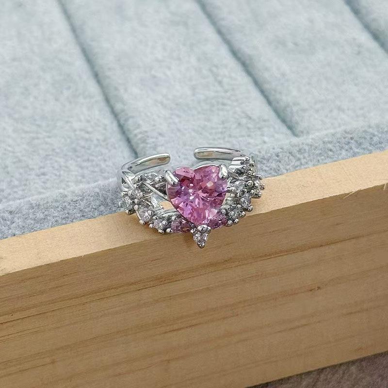 Sweet Crit Romantic Pink Micro-Inlaid Zir*****Pen Ring Female Color Treasure Cold Wind Niche Temperament Light Luxury Ring