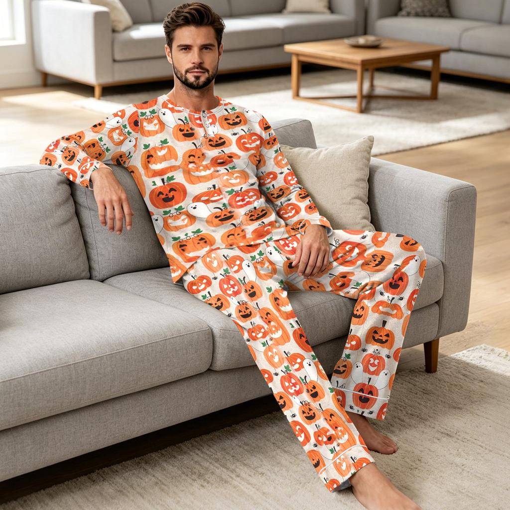 Men's Halloween Print Pajama Set Casual Loose Fit Sleepwear for Holiday Parties