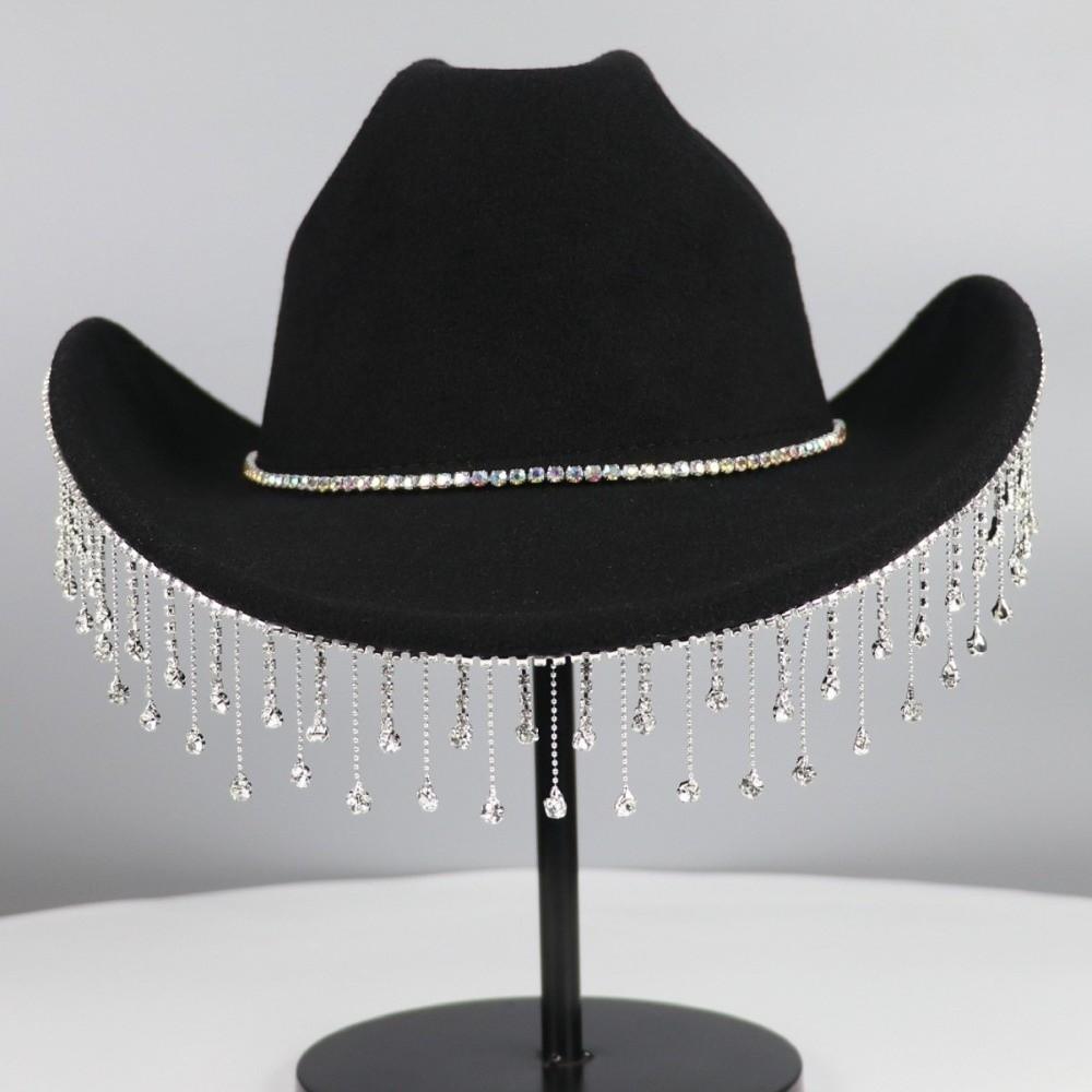 Large Size Western Cowboy Hat Jazz Performance French Style Hat New Water Diamond Tassel Hat  Women