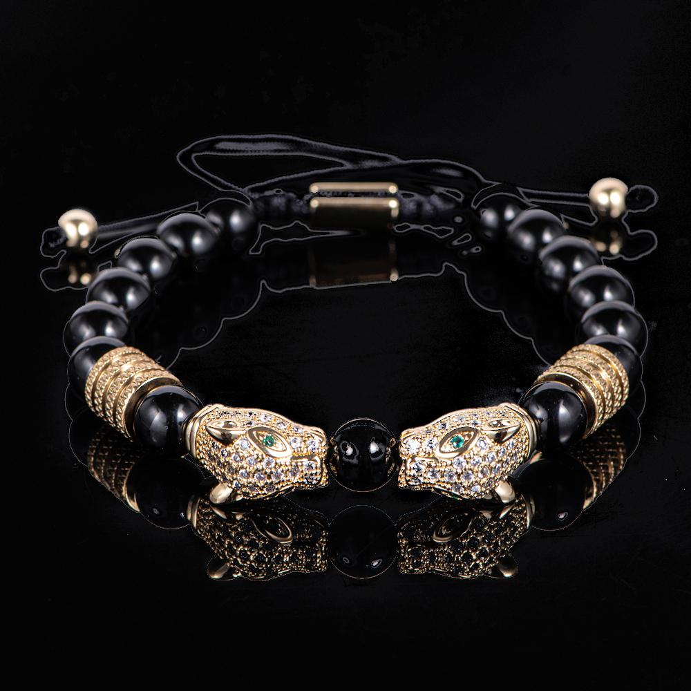 New Trend Double Leopard Head Handmade Tiger's-eye Bracelets  Accessories Handmade Men's Jewelry Pulseras Homme