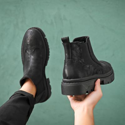 Brock Engraved Heightening Martin Boots Men'S Genuine Leather Retro High-Top Leather Shoes Chelsea Short Boots S51-L