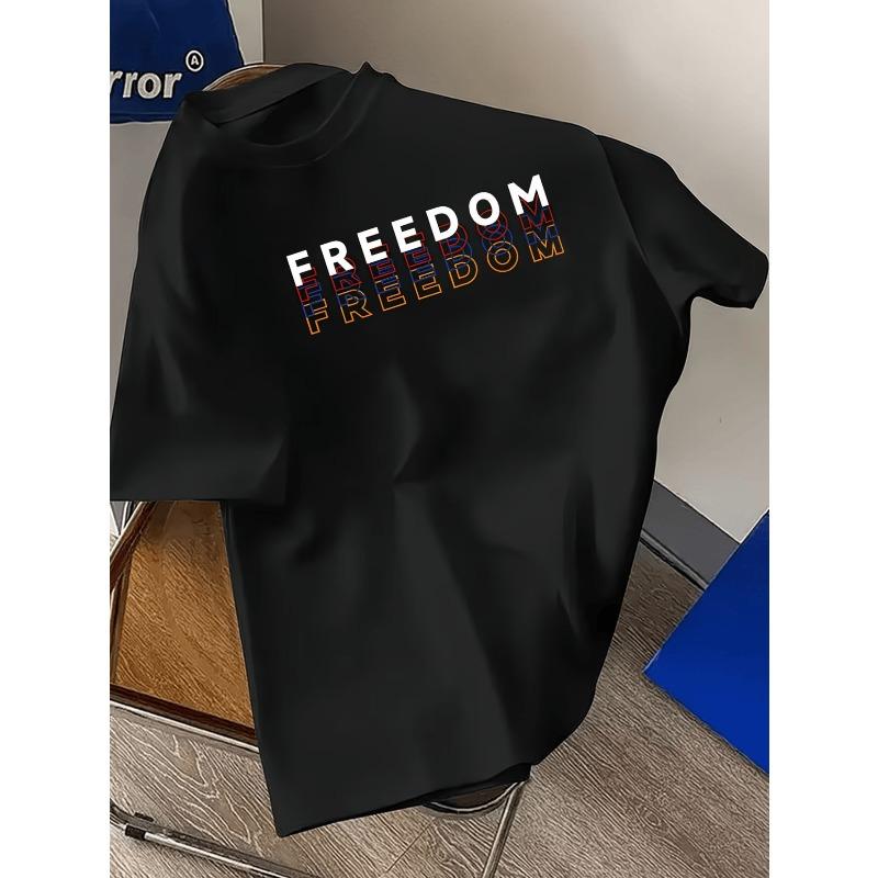 European Size Men'S FREEDOM Graphic T-Shirt - Urban Street Style, Soft And Breathable, Fashionable And Versatile, Bold Print Design, Crew Neck