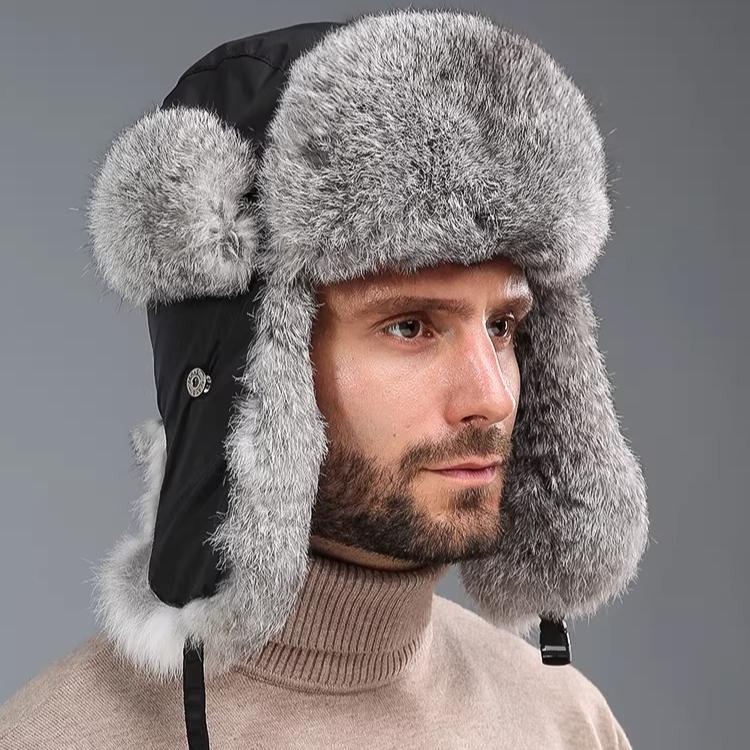 Rabbit Fur Lei Feng Hat for Men and Women In Winter Thickened Warm Ear Protection Cold Outdoor Northeast Leather Straw Hat Ski Hat Cotton