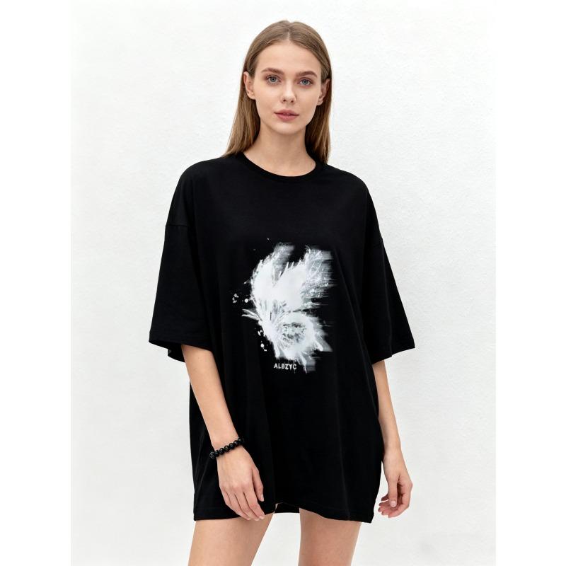 

Oversized T Shirt Black Feather Print and ALBZYC Logo Casual Streetwear for Women XXXXL чёрный