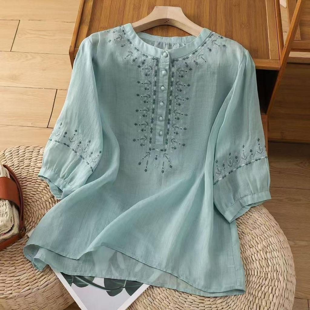 Damen Sommer Baumwoll-Leinen Retro Diamantmuster Bestickter Pullover: Elegantes und lässiges 3/4-Ärmel-Top für den Weg zur Arbeit