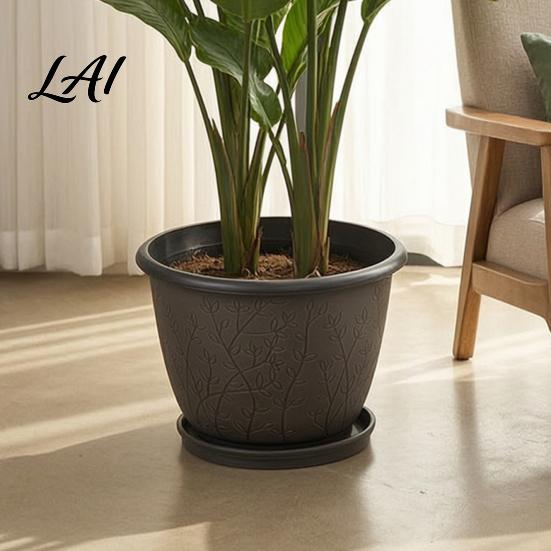 Planter Pots for Home Decor 12 Inch Thickened Flower Outdoor Indoor Plastic Leaf-Pattern Texture Deep Containers Flowers with Drainage Hole & Saucer,