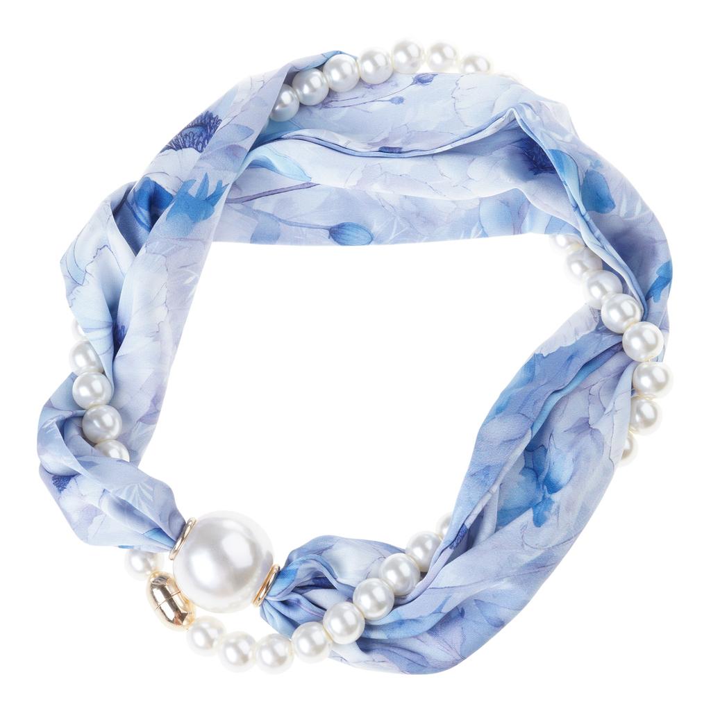 Magnetic Clasp Pearls Chain Necklace Floral Satins Scarf Elegant Silk Skinny Narrow Neckerchief for Fashionable Women