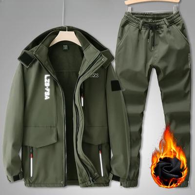 Autumn and Winter Jackets Plus Velvet Thickened Suit Men's Waterproof Overalls Cold-proof and Warm Outdoor Tooling 2-piece Set