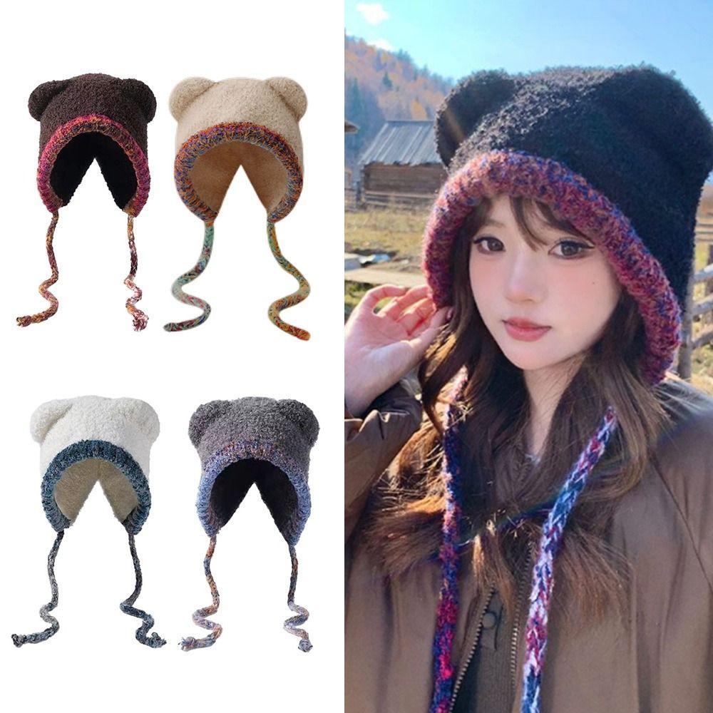 Fashion Bear Ear Knitted Woolen Hat Thickened Keep Warm Beanies Cap Windproof Winter Bomber Cap for Women