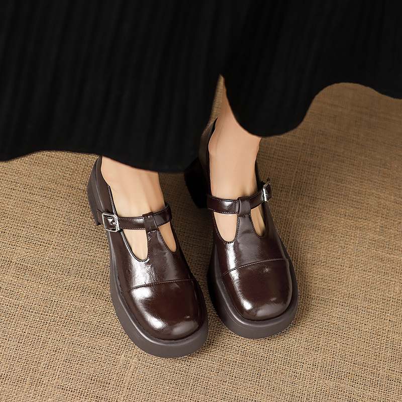 Krazing Pot Microfiber Round Toe Chunky Heels Spring Summer Shoes Big Size 43 Size 33 Women Buckle Straps Platform Pumps