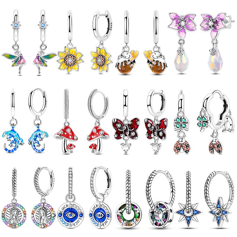 925 Silver Earrings Flower Bee Stars Bow Earrings Colorful Zircon For Women Making Jewelry Gift Girl Women