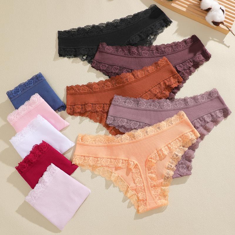 FINETOO 3Pcs/Set Women's Cotton Lace Thongs Underwear Seamless Low Waist Ribbed Breathable Panties Female Soft Comfortable Sexy Lingerie