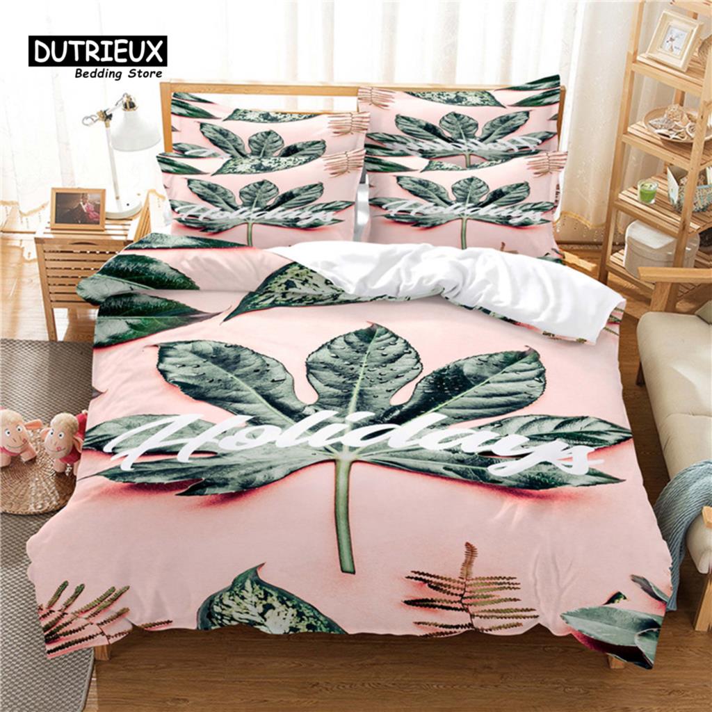 Warm Stylish Fresh Leaves 3Pcs Soft Comfortable Breathable For Bedroom Guest Room Decor Quilt