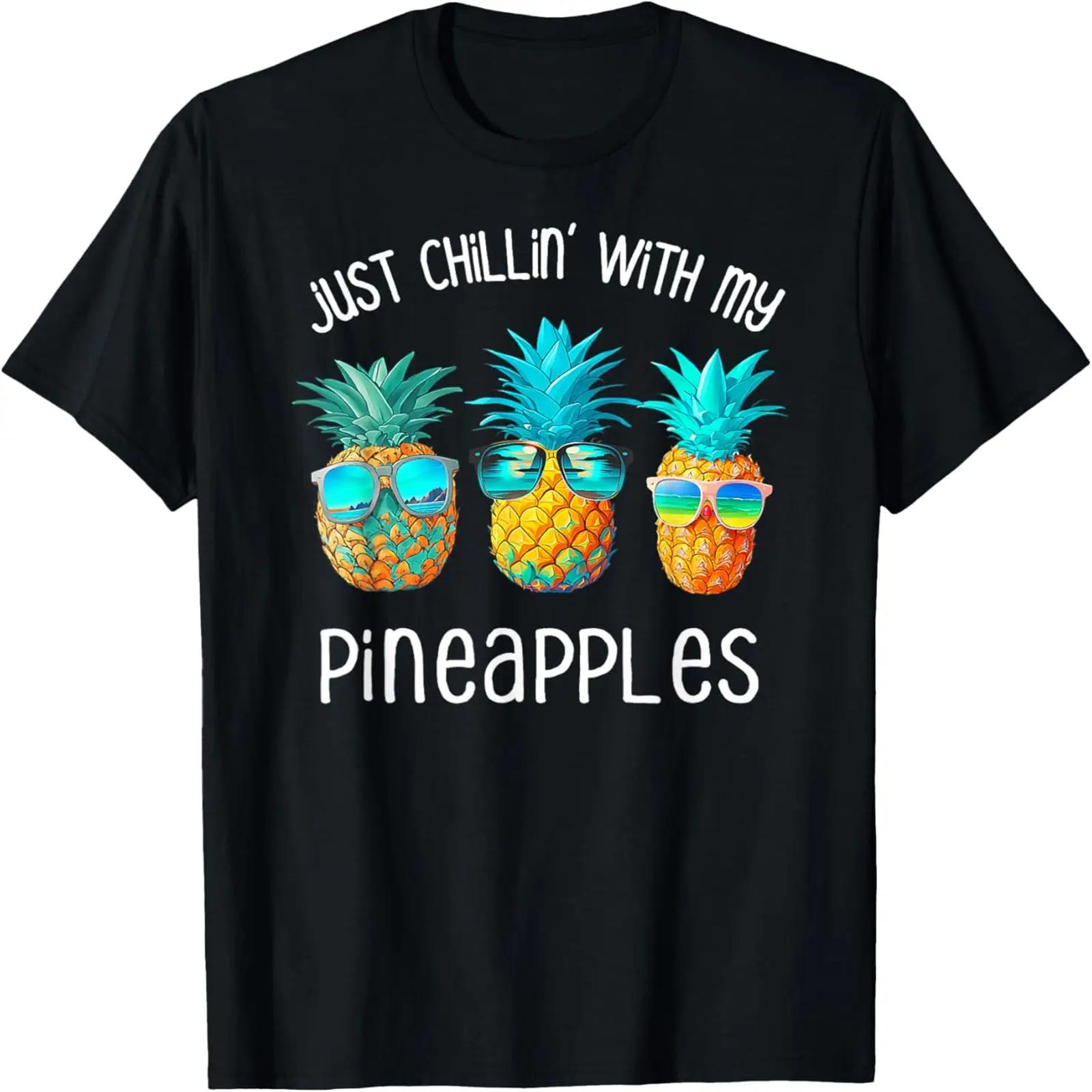 

3 Pineapples Sunglasses Chillin Fun Hawaiian Tropical Summer T-Shirt S