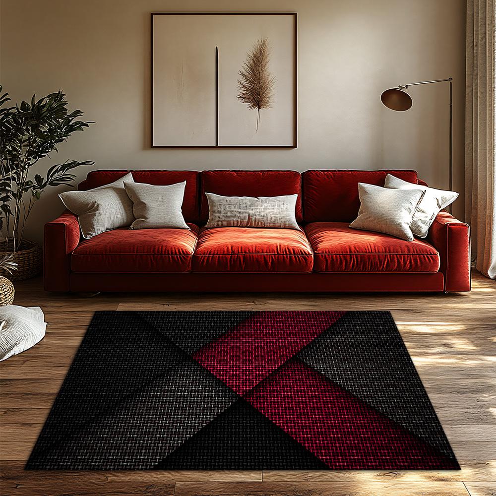 Red Black Geometric Area Rug, Modern Bohemian Carpet for Living Room, Soft Non-Slip Sofa Mat with Tribal Pattern Decor
