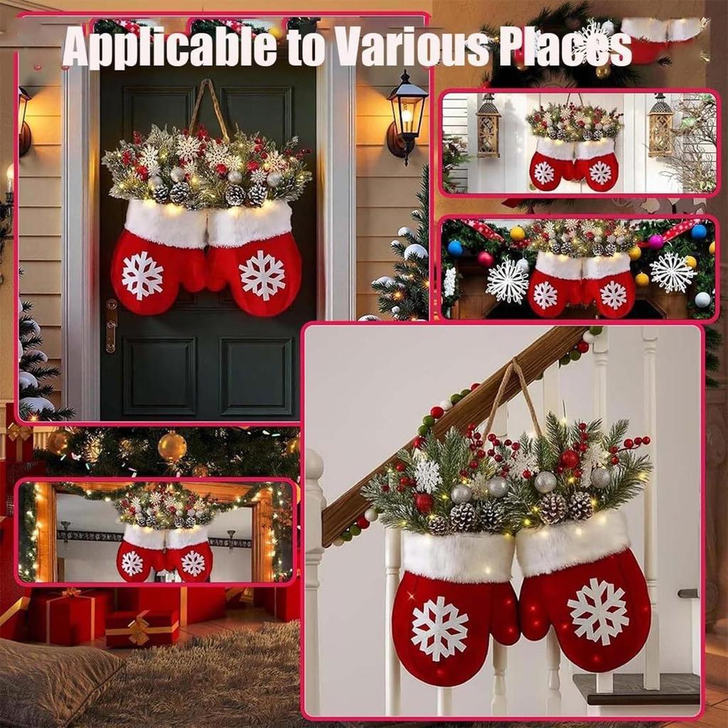 Christmas Door Wreath Mitten Artificial Holiday Garland with LED Lights Holiday Decorations with Red Berries Pine Cones Branches