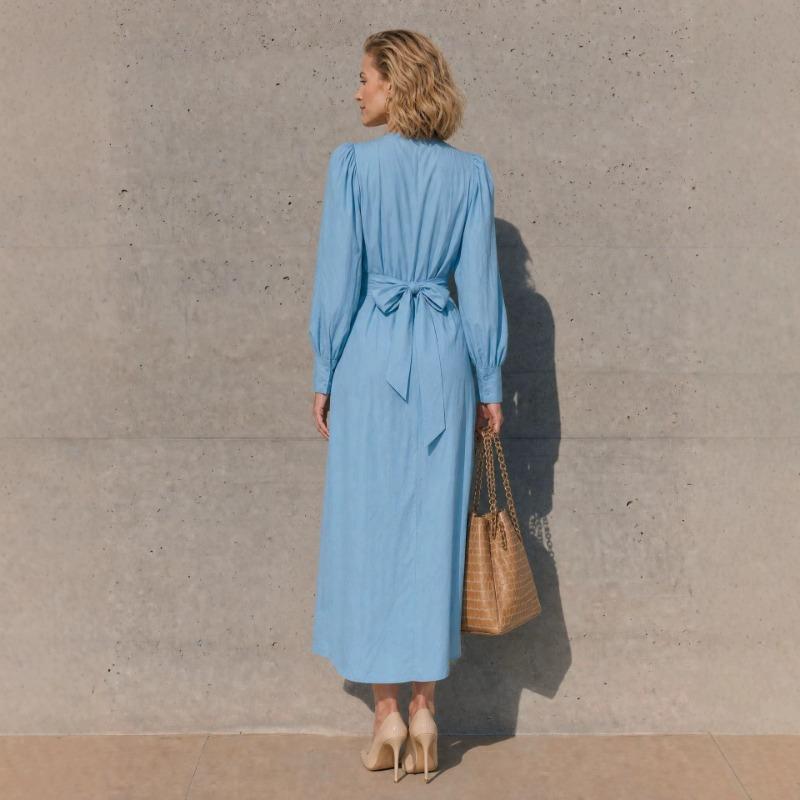 Women S V Neck Long Sleeve Wrap Tie Waist Long Dress