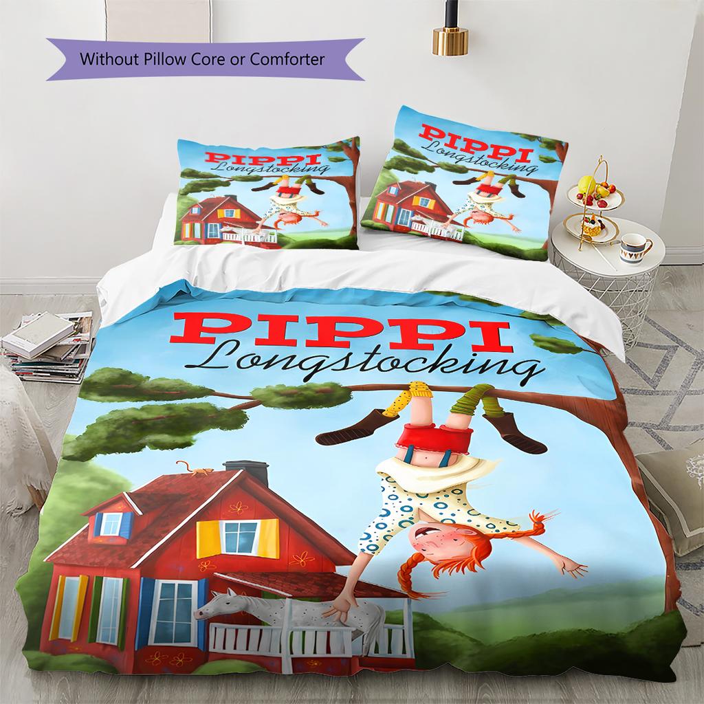 Pippi Longstocking Pattern Bedding,Quilt Set Quilt Cover Pillowcase Home Birthday Gift (1 * Duvet Cover + 2 * Pillowcase, Without Core)