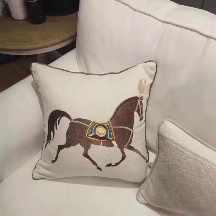 Modern Embroidery Horse Designer Pillow Case Sofa Cushion Cover White Canvas Home Bedding Decorative 45 X 45cm Sell by Piece