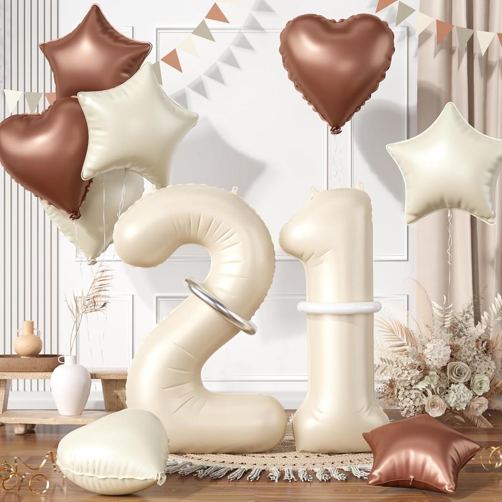 13 Pcs40inch Digital Love Pentagram Aluminum Film Balloon Set 10~21 Years Old Number Cream White Number for Birthday Party Decor