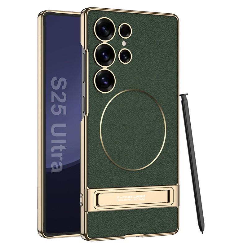 Premium Electroplated Vegan Leather Phone Case Galaxy S25 Ultra S24 With Built-in MagSafe Ring Stand Shockproof