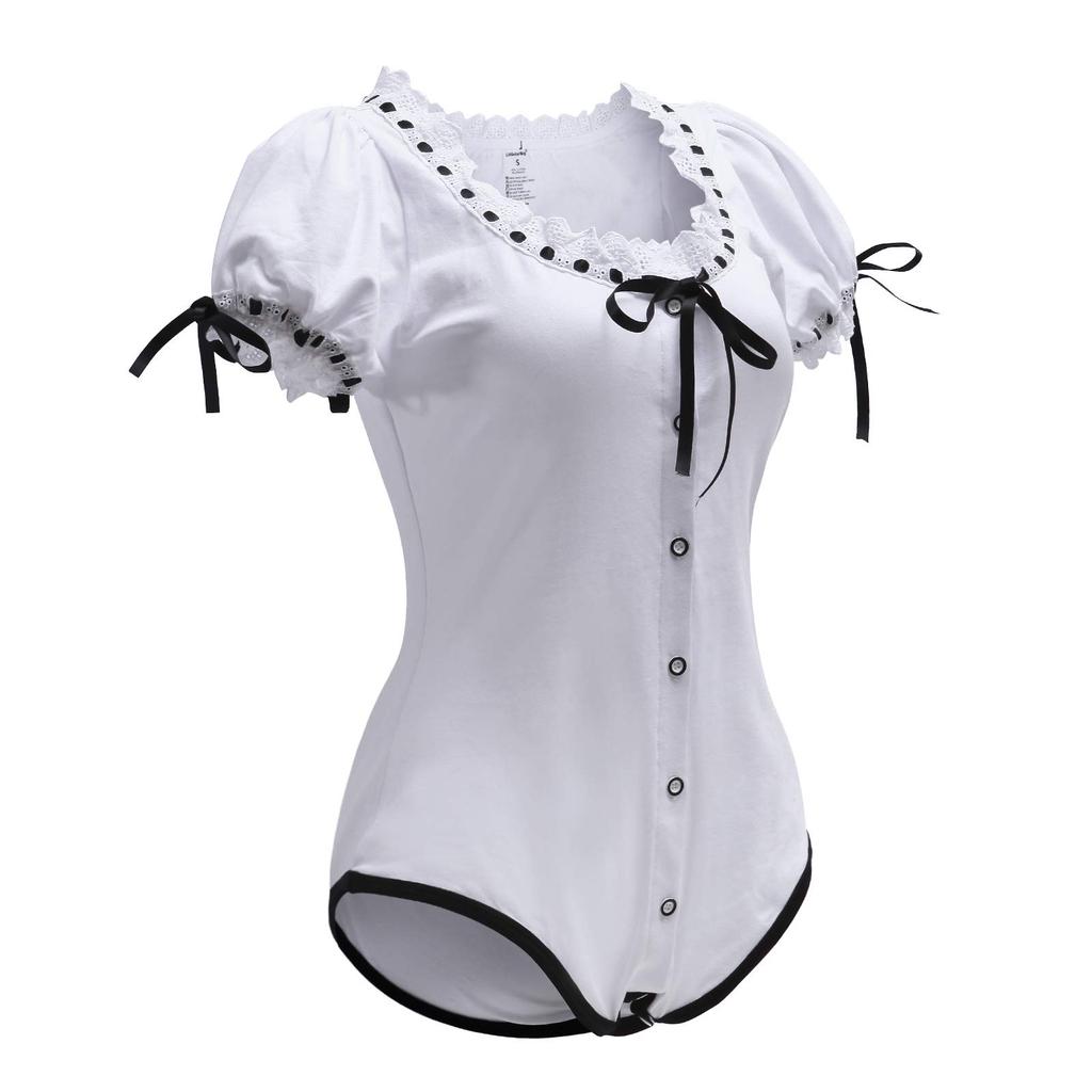 [LittleForBig] Adult Lolita Romper with Ribbon Bow and Lace, Front-Opening Cotton Pajamas, White, Size M