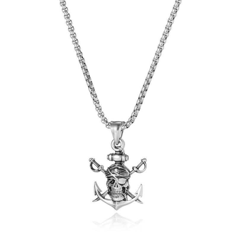 

European American Stainless Steel Necklace Men s Personality Fashion Retro Double Swords Pirate Ship Anchor Hip-hop Titanium