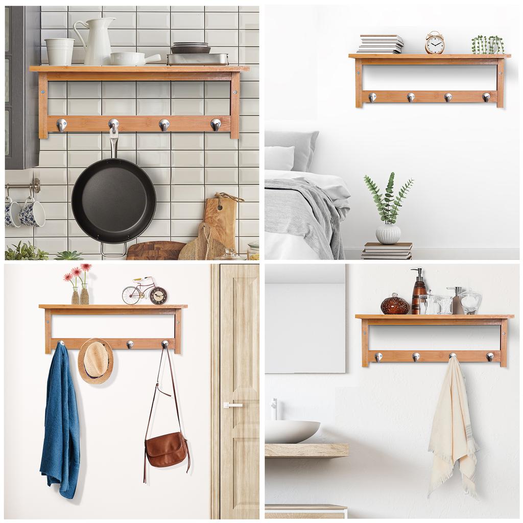 Wall Coat Rack Coat Rack with Hooks Wall-Mounted Space-Saving 5 Kg Load Capacity, 50 X 16 X 17.5 Cm Natural Wood
