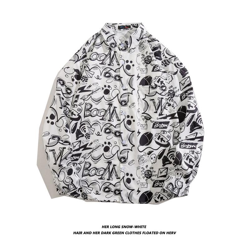 

Мужская рубашка свободного кроя с длинным рукавом — осенне-летний корейский стиль с модным принтом в стиле Гонконга 2XL