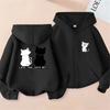 Girls Full Zip Hooded Sweatshirt Lovely Cartoon Kitten Silhouette Matching Tail Graphic Loose Casual Kids Outerwear With Front P