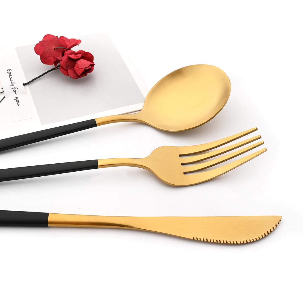 8Pcs Black Handle Gold Dinnerware Set Knife Tea Fork Spoon Cutlery Set Matte Kitchen Flatware Stainless Steel Complete Tableware