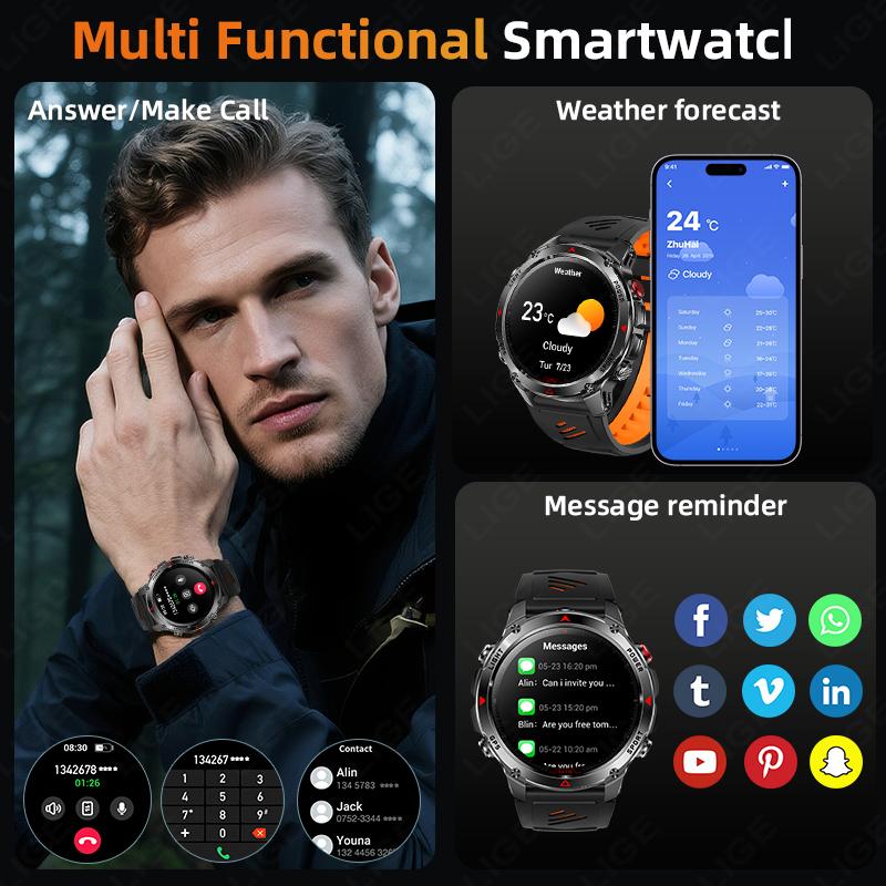 GPS Sports Smart Watch Men HD Full Touch Screen 500mAh Battery Waterproof Flashlight Compass Bluetooth Call Smartwatch Men