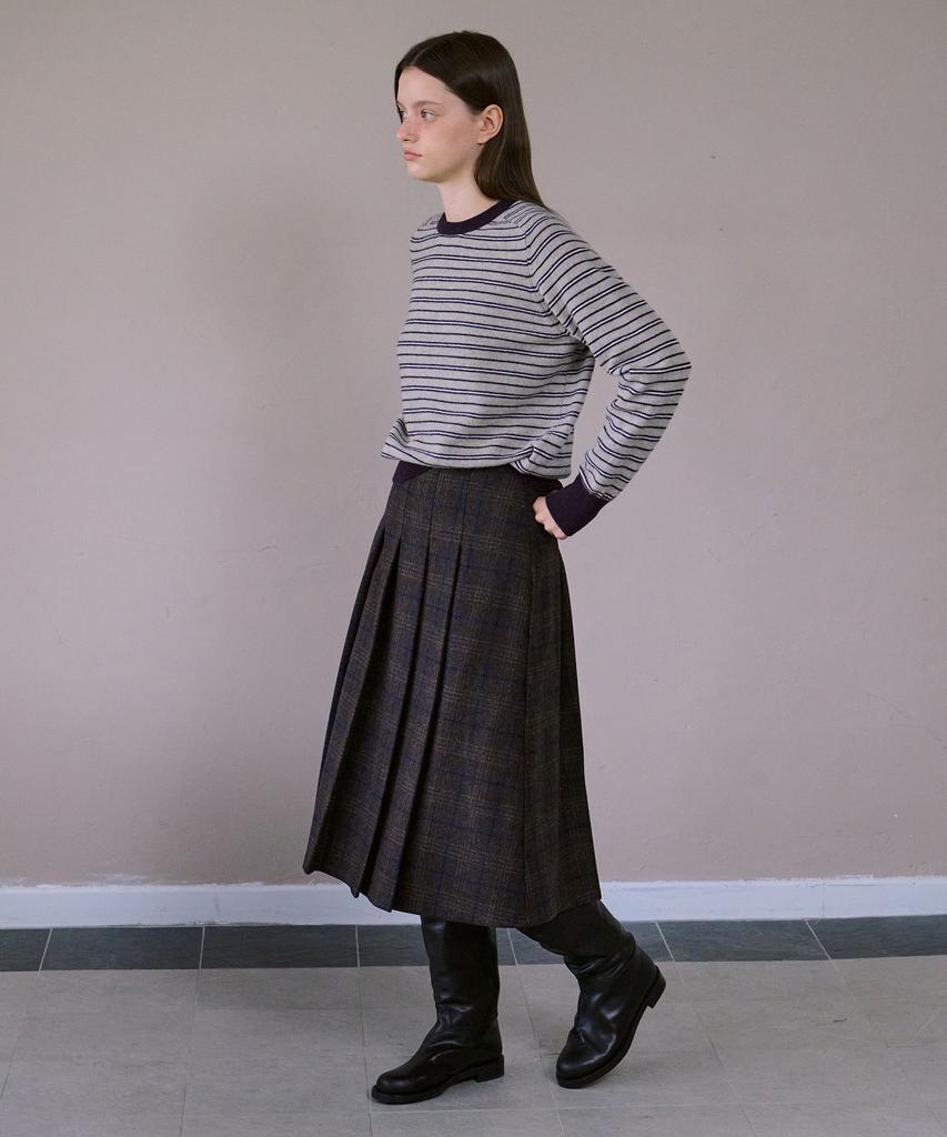Awi Pleated Wool Check Skirt_Brown