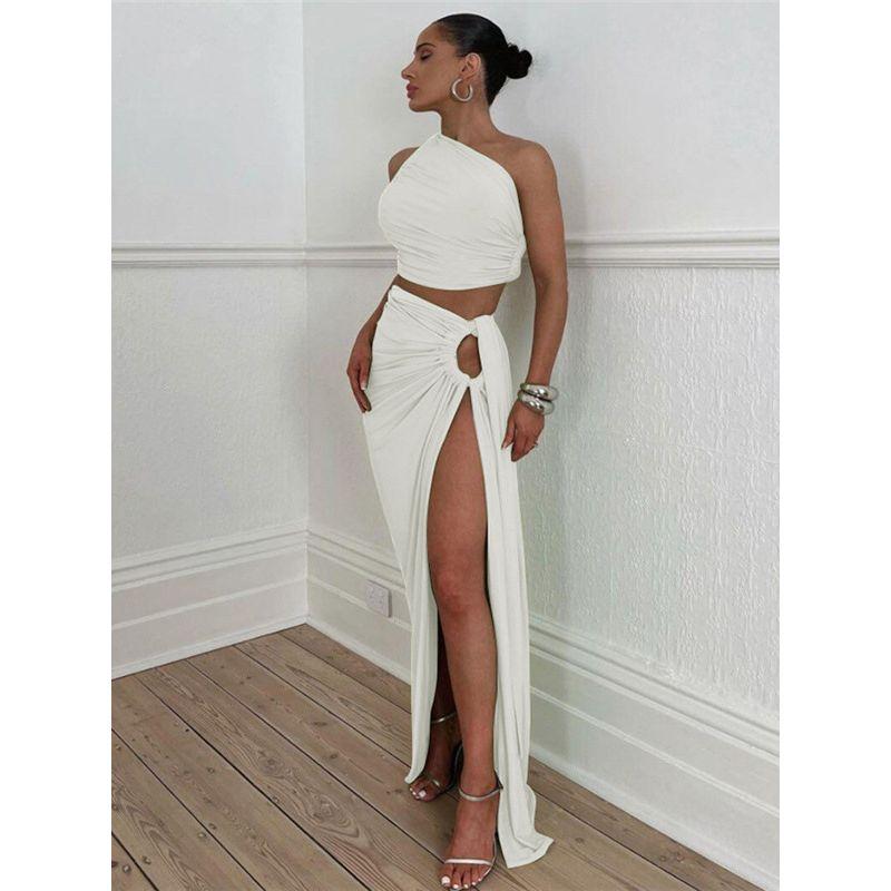Fashion Style Ins Sexy Oblique Shoulder Evening Dress Backless Seaside Dress Sexy Cutout Split Skirt Suit