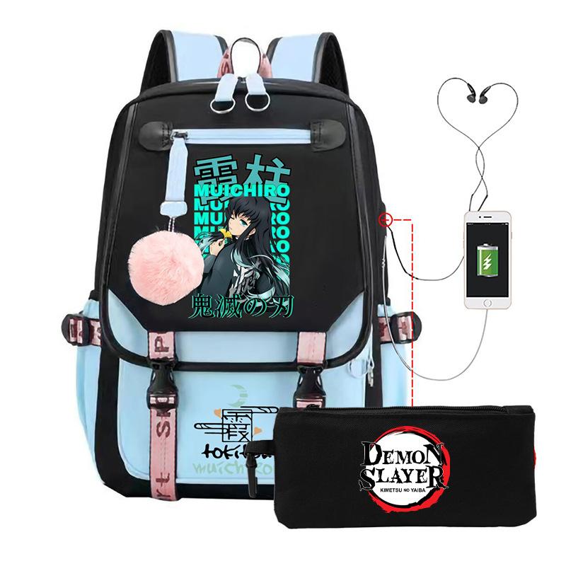Two-dimensional peripheral day man ghost extinguishing backpack pencil bag large capacity student leisure schoolbag with USB port