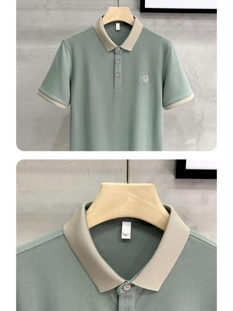 Men's British Style Light Luxury Polo Shirt with Contrasting Color Lapel, Short Sleeves, and Letter Embroidery - Casual Summer Trend.