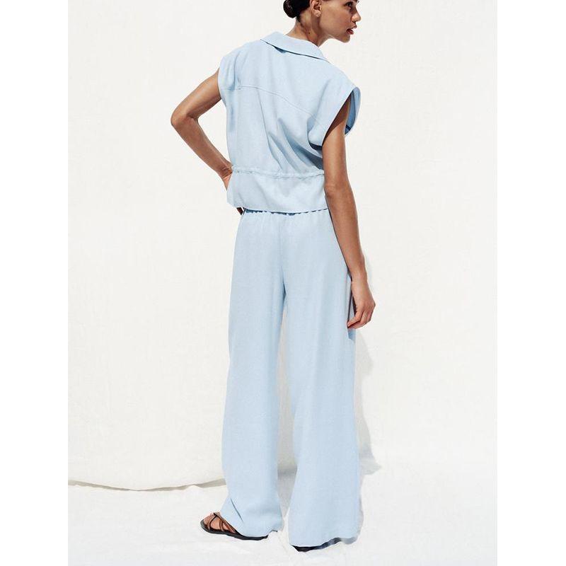 Summer New Arrival Safari Jacket V Neck Unisex Style Tops 1971140 Elastic Waist Wide Leg Pants 1971040