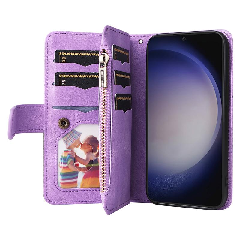 

For Samsung Galaxy S25/S24 Leather Case with Strap Zipper 9 Card Slot Phone Cover Stand Light Purple