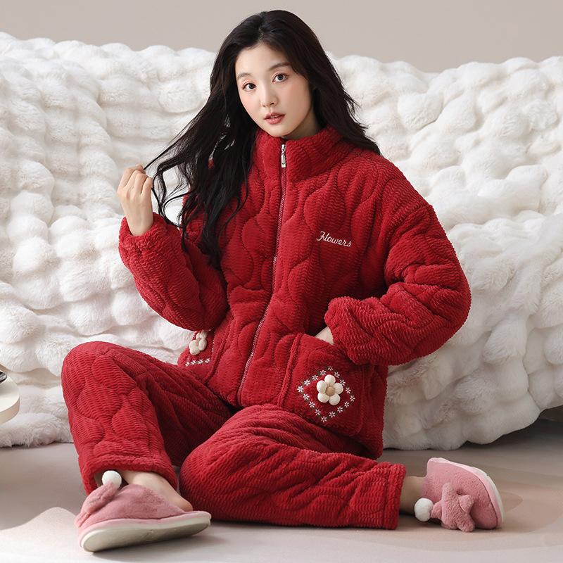 

Пижама женская зимняя трехслойная утолщенная флисовая с коралловым флисом, можно носить на улице, теплая стеганая куртка, зимний комплект для дома 2XL