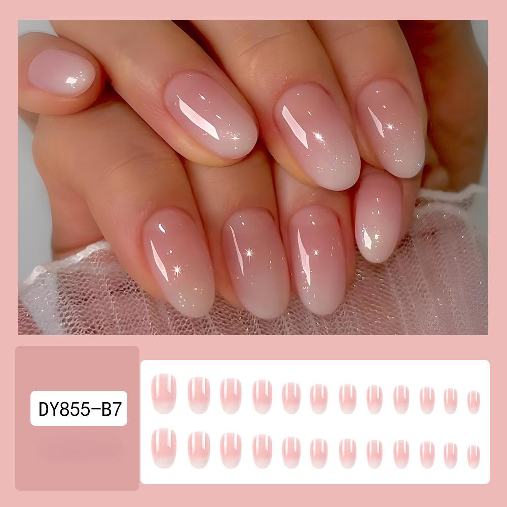 24 Adet Orta Boy Oval Tırnak Üzerine Bastırın Pembe Degrade Renk Sahte Tırnaklar Parlak Manikür Sahte Tırnaklar Tam Tırnak Uçları