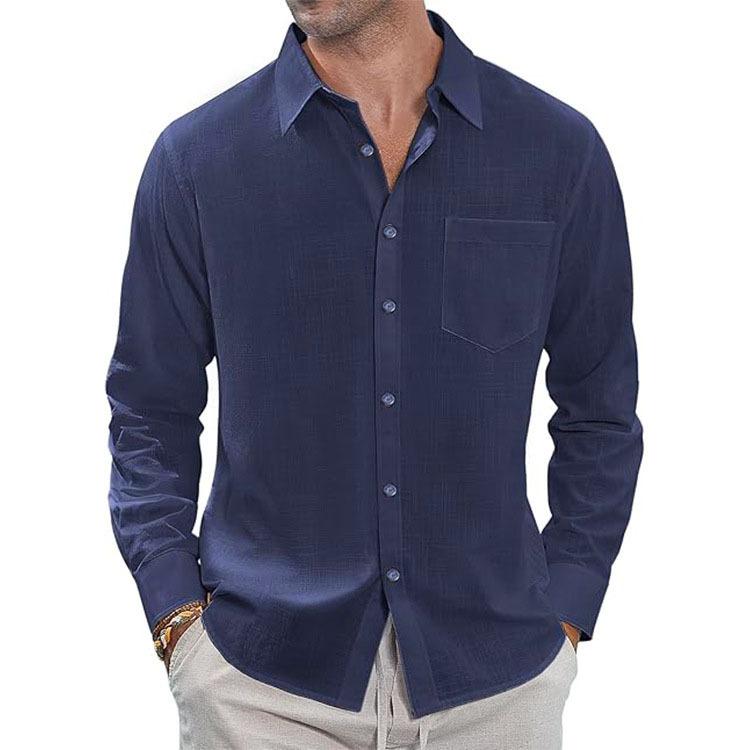 Cotton and Linen Shirt, Thin Lapel Collar with Pocket, Long-sleeved Shirt for Men