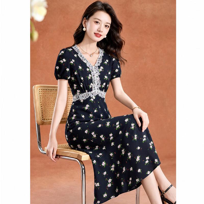 Elegant V-Neck Floral Print A-Line Dress M