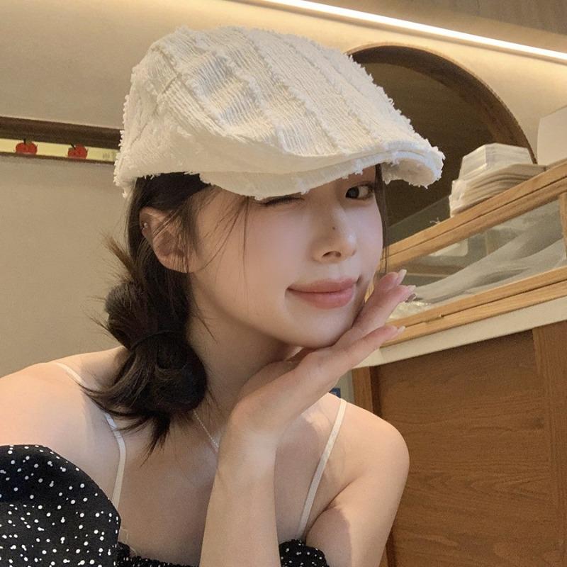 Retro Solid Color Striped Beret Women's Spring and Summer Literary and Retro Versatile Face Small Thin Newsboy Cap