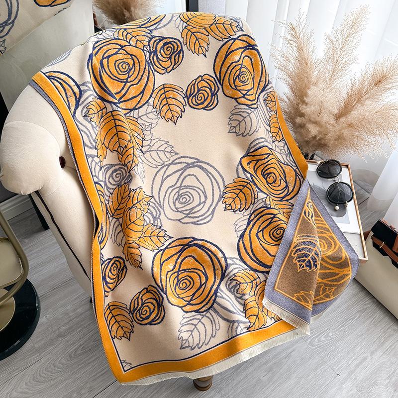 Rose Thickened Imitation Cashmere Scarf Women'S Warm Air Conditioner Shawl Outer Scarf Dual-Purpose