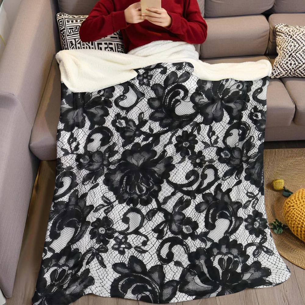 Black Lace Floral Flannel Blanket Warm Soft Halloween Christmas Couch Warm Cozy Decorative Decor Gift For All Season