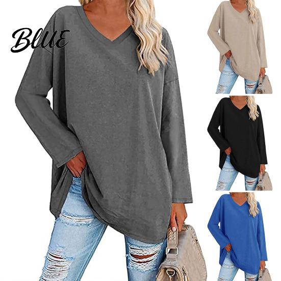 T-shirt Top V-neck Long Sleeve Mid-Length Spring Tunic Autumn Solid Color Loose Pullover Streetwear Blouse