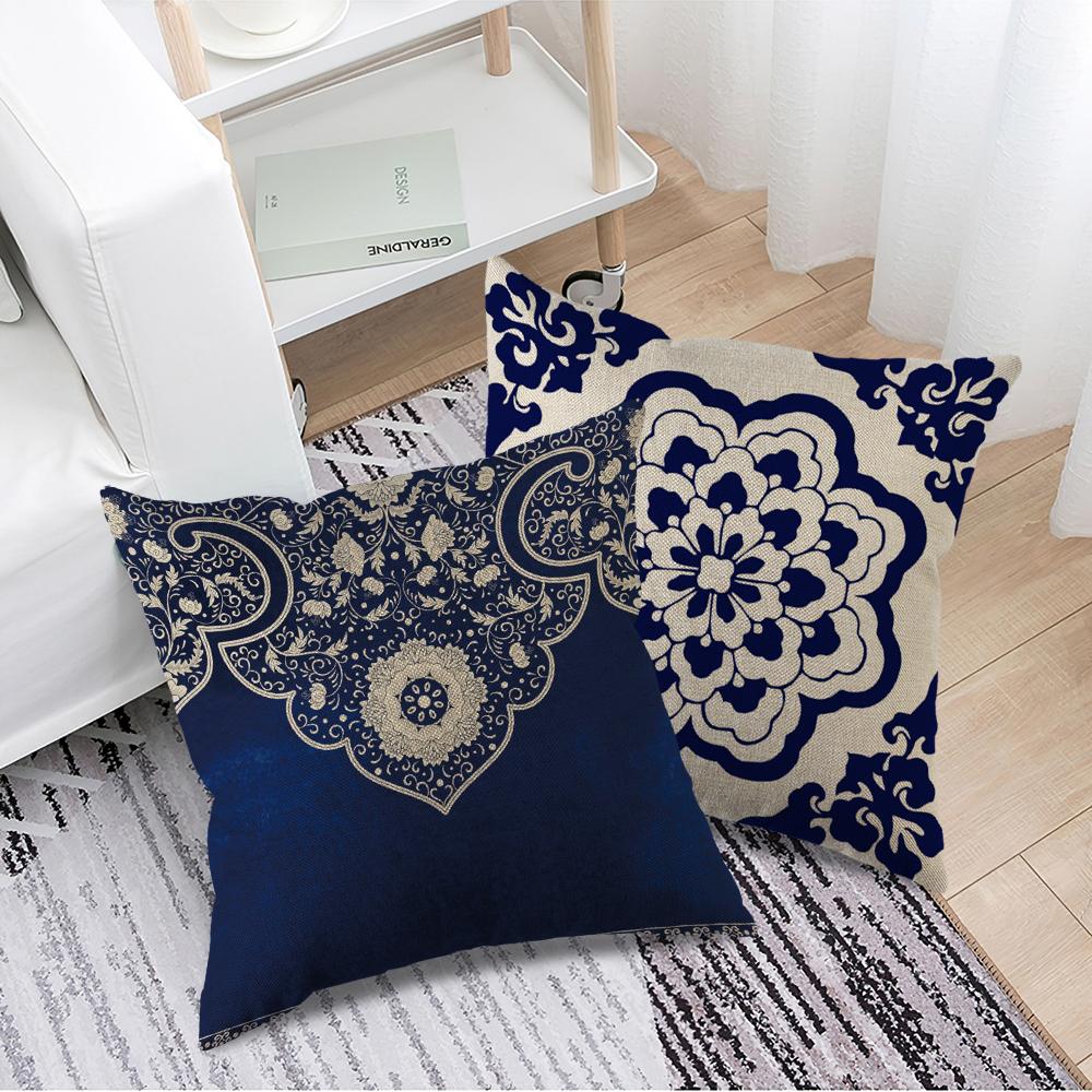 Rich Floral Pillow Covers Navy Blue White Chinoiserie Durable Bohemian Decor For Living Room, Bedroom Cushion Cases