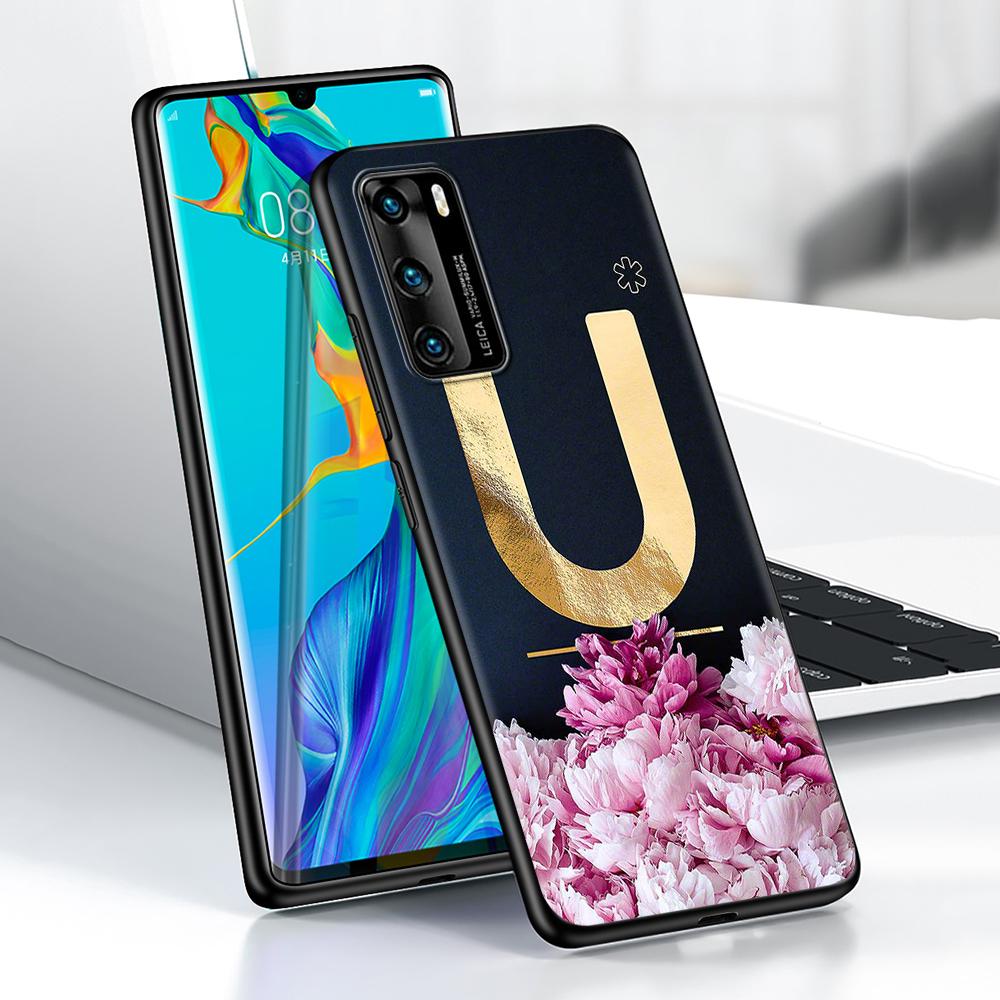 Golden Letter Flower Case for Huawei P30 P Smart Z P40 Lite E P20 Y6 Y7 Y9 2019 Honor 8X Play 9A 50 20 9X Pro Black Soft Cover