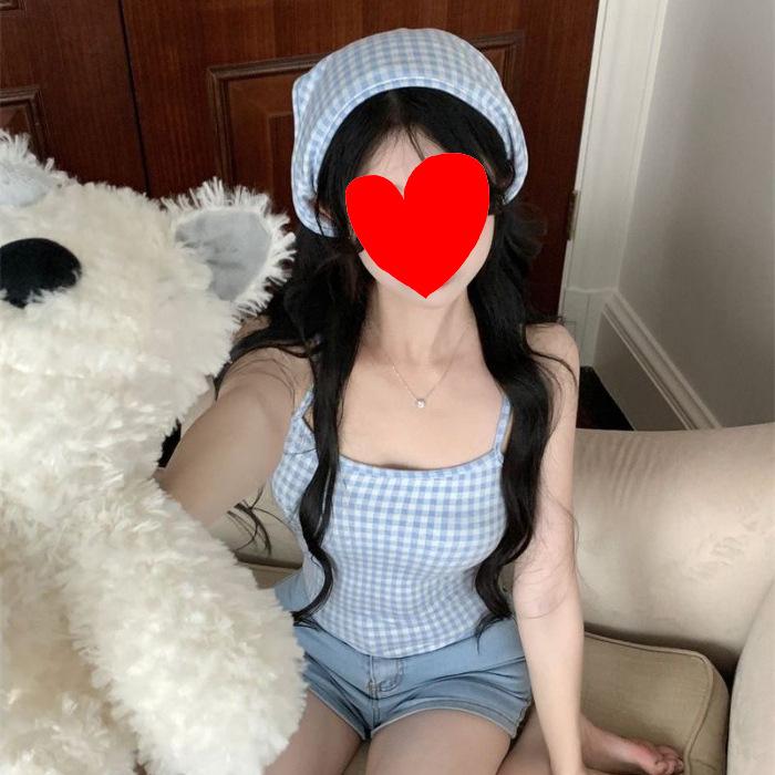 Sweet Spice Girl Headscarf Plaid Suspender Vest Women s Inner Wear Spring Pure Slim Short Wear Sleeveless Sexy Top S