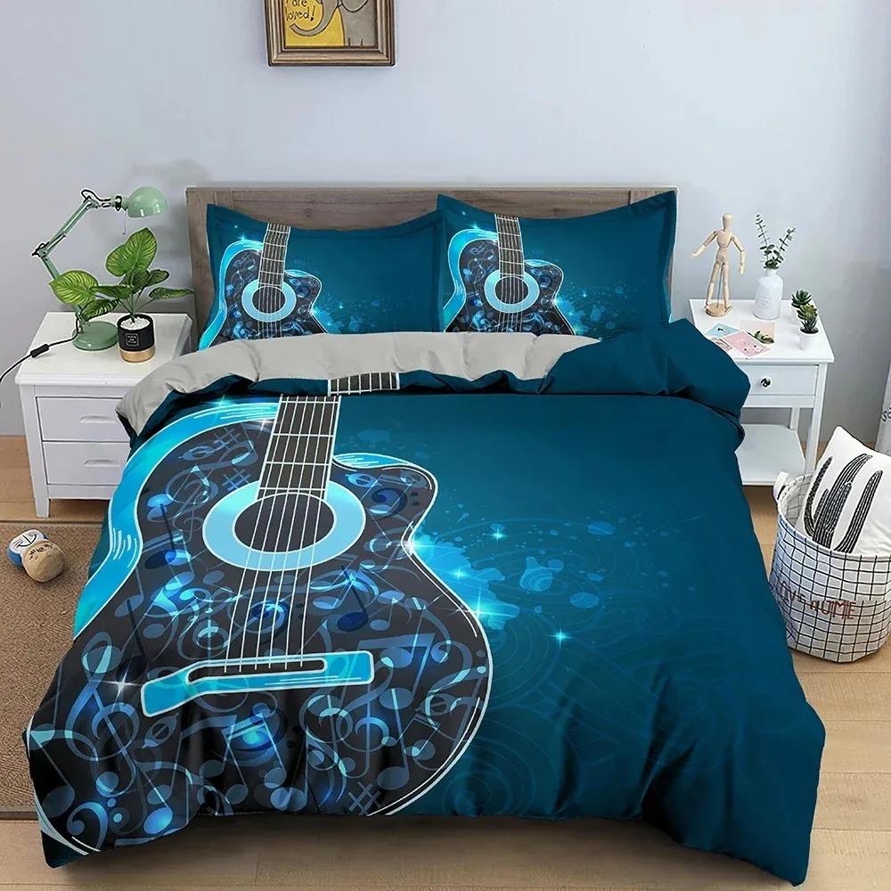 Music Guitar Bedding Set King Queen Heavy Metal Punk Rock Duvet Cover for Teen Boy Musical Note Polyester Comforter Cover